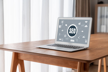 SEO search engine optimization for modish e-commerce and online retail business showing on computer screenの写真素材