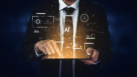 AI interface showing how artificial intelligence powers systems. AI Artificial intelligence transforms data, enables automation, and AI artificial intelligence drives innovation. Vouchの写真素材