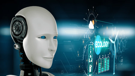 AI artificial intelligence promotes sustAI artificial intelligencenability via eco-smart planning, green virtual advisors, and intelligent systems for long-term environmental responsibility. Epochの写真素材