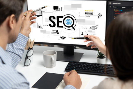 SEO search engine optimization for brisk e-commerce and online retail business showing on computer screenの写真素材