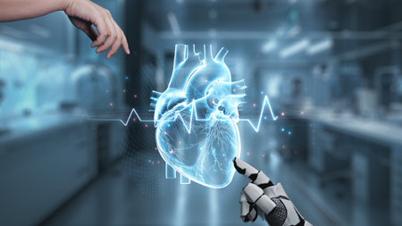 Robot and human reaching hand and pointing finger with heart holographic floating. Close up of robot...