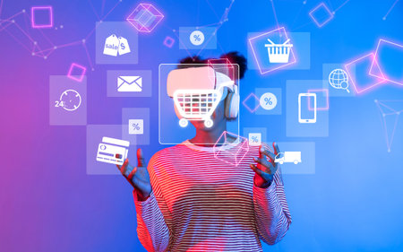 Explore the future of online shopping with a virtual reality interface showcasing multichannel solutions for a seamless retail experience and enhanced customer engagement.の写真素材