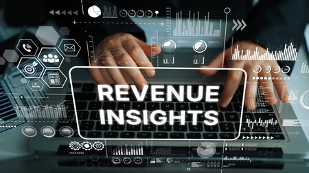 Business Professional Analyzing Revenue Insights Data Through Computer Keyboard with Graphs and Charts in Background. Asymptotic smart data analytic.の写真素材
