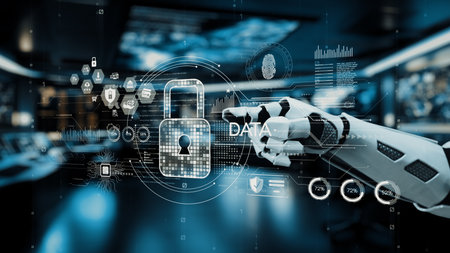 A futuristic robot hand engages with digital security symbols in a sleek control room, showcasing...