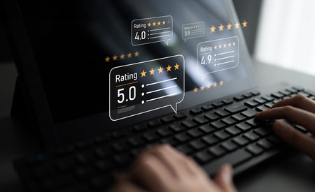Customer centric review and rating system supports product review, digital rating concept, and customer give good trust by visualizing people choice through stars and feedback content technologyの写真素材