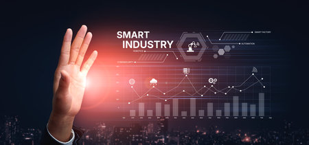 Smart industry dashboard combining automation, robotics, cloud integration, cybersecurity, and data analytics to support intelligent factory systems and real-time monitoring Vouchの写真素材