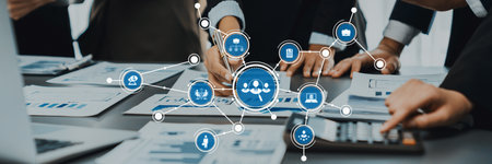 Panoramic shot business people analyze dashboard paper and financial report use calculator...