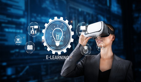 A professional using virtual reality headsets for online learning, showcasing innovative technology...