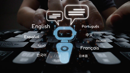 Global communication with multiple languages, digital translation tools, multilingual technology, cross-cultural communication, and virtual language learning environments. Muxerの写真素材