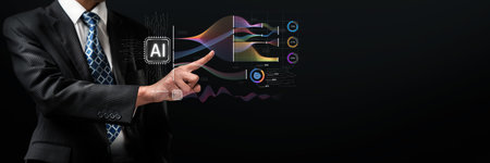 A businessman engages with advanced artificial intelligence visualizations, showcasing the intersection of technology and big data in a modern corporate setting.の写真素材
