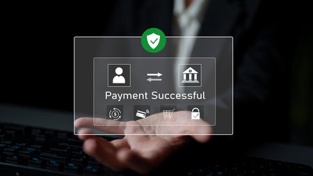 Successful transaction message showing secure payment. Payment confirmed, secured, payment...