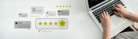 Customer centric review and rating system supports product review, digital rating concept, and...