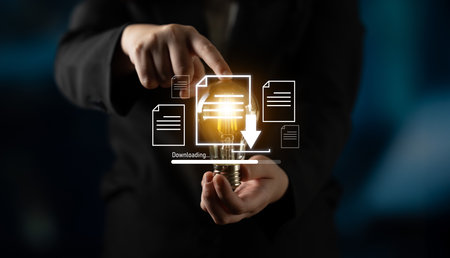 Visual representation of digital document downloading, showing file transfer, data access, and...