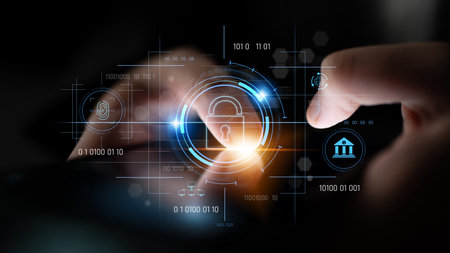 Cybersecurity system interface with biometric lock and data protection. Cybersecurity protects...