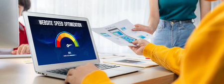 Computer software evaluating website loading speed. Concept of improving website loading speed...