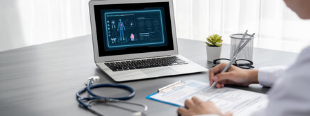 Medical science technology and futuristic healthcare virtual computer software analyze human health and diagnose disease for doctor data and medical research. briskの写真素材