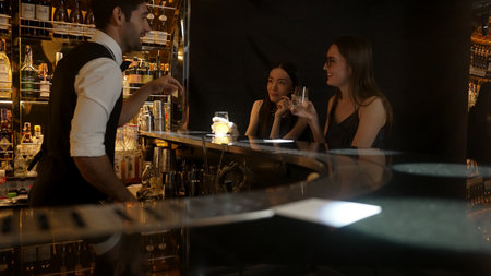 Portrait of a woman making a toast at a luxurious nightclub at a vibrant nightlife party. Sitting at the counter bar talking with the bartender.の写真素材