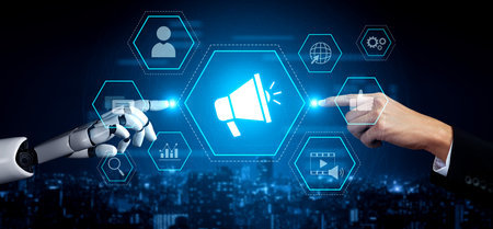 AI-generated visual showing digital marketing strategy with megaphone and engagement tools Vouchの写真素材