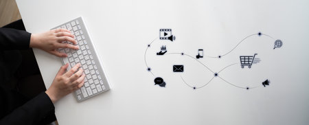 Omnichannel marketing journey showing interaction across media, email, messaging, mobile, ecommerce, and search to enhance customer experience and engagementの写真素材