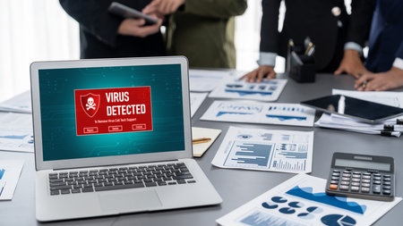 Virus warning alert on computer screen detected brisk cyber threat , hacker, computer virus and...