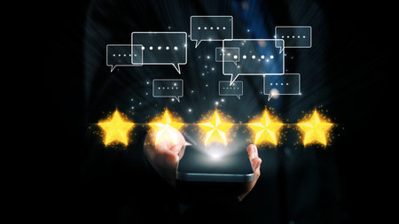 A user holds a smartphone, showcasing glowing stars and chat bubbles, symbolizing digital feedback...