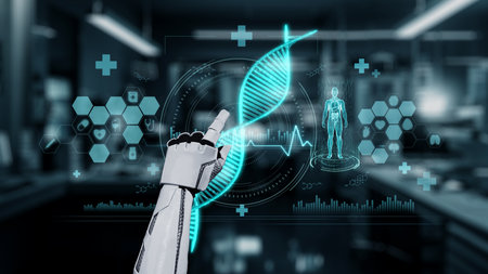 Close up of robotic hand pointing and clicking at DNA holographic to access medical data or...