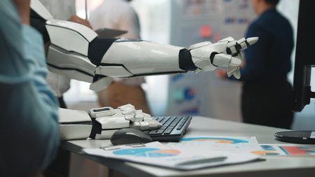A futuristic robotic arm interacts with a computer keyboard in a modern office, highlighting the...