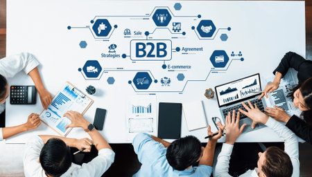A dynamic business meeting where professionals collaborate on B2B e-commerce strategies using...