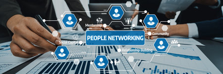 A dynamic networking scene featuring hands engaged in discussion over graphs, highlighting...