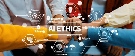 A compelling image of diverse hands joining in solidarity, representing the key themes of AI ethics,...