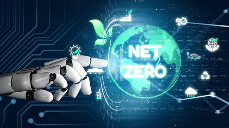 Net zero and sustainability concepts with environmental balance, digital sustainability icons, green...
