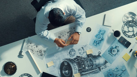 Top down view of skilled engineer writing and planning turbine engine design while sitting at...