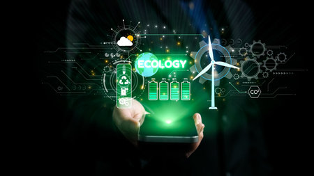 A hand holds a smartphone displaying vibrant ecology icons, symbolizing the intersection of...