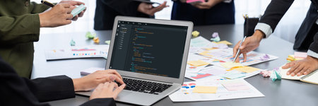 Analyst team use sticky note for creative and analytic brainstorm for business idea with BI data...