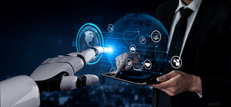 AI artificial intelligence drives data analytics with predictive models, smart dashboards, and...