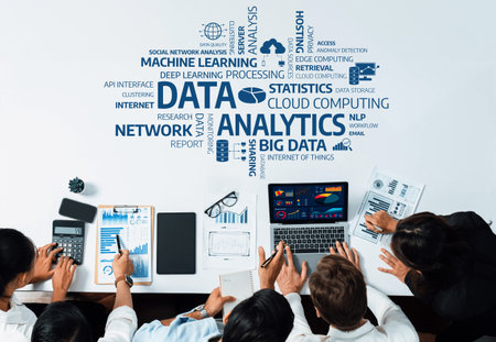 A diverse group of professionals collaboratively analyzing data in a modern office setting,...