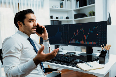 Trader businessman calling to consultant or partner with two stock exchange investment, compare data...
