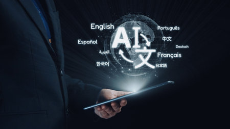 Global communication with multiple languages, digital translation tools, multilingual technology, cross-cultural communication, and virtual language learning environments. Elideの写真素材