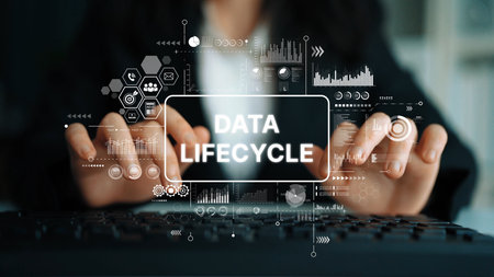 Professional Businesswoman Managing Data Lifecycle Integration in Modern Office Environment with...