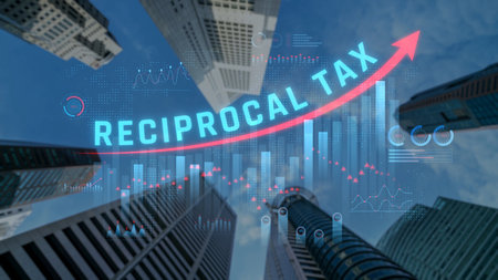Dramatic Viewpoint of Skyscrapers with Graphs Indicating Rising Reciprocal Tax Trends in Urban...