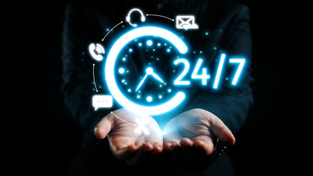 Digital illustration of a glowing clock symbolizing 24 hour support, surrounded by communication...