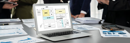 Panorama shot analyst team utilizing BI Fintech to analyze financial report with laptop....