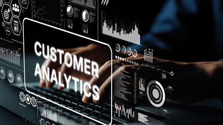 Hands on Keyboard with Customer Analytics Data Visualization and Digital Graphs for Business...