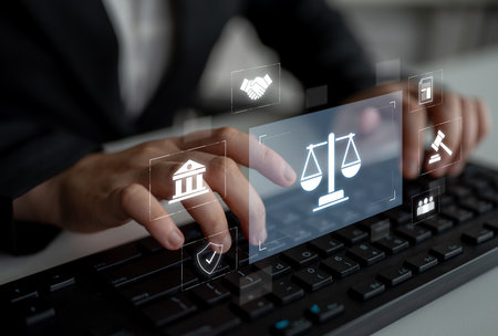 Legal compliance and governance concept showing justice scale, courthouse, contract, policy,...