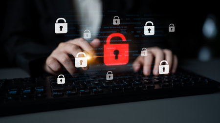 Digital security concept illustrating a cybersecurity breach, with a red unlocked padlock indicating...