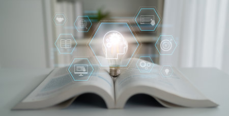Head with gear and icons representing learning, digital training, and development process, showing...