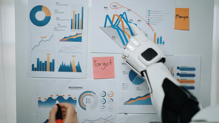 A robotic arm engages with various business reports displaying vibrant charts and graphs,...
