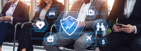 Security and insurance concept showing protection coverage for health, travel, home, car, life, and...