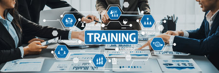 A dynamic business training session taking place with professionals collaborating, sharing insights,...