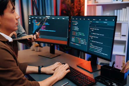 Serious of IT developers discussing intelligent website development coder system running data online...